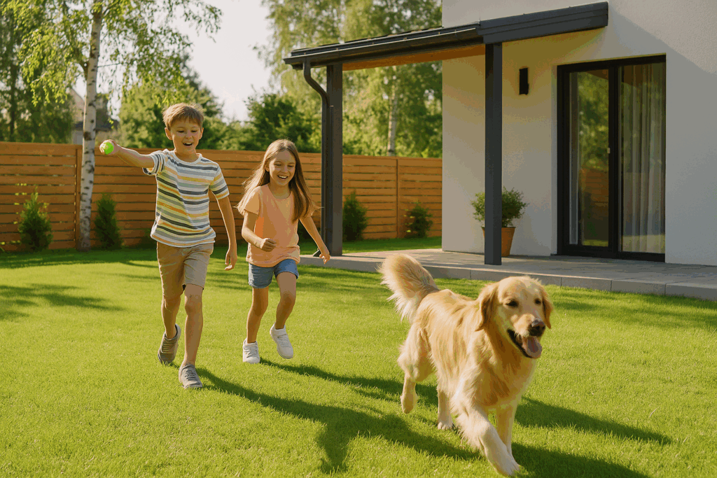 children playing fetch in backyard after dog poop cleanup service Denver