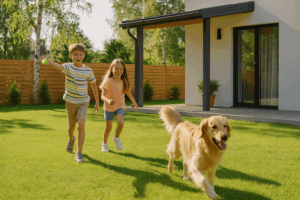 children playing fetch in backyard after dog poop cleanup service Denver
